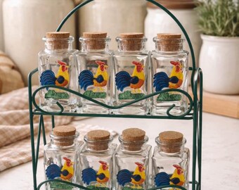 Juego de tarros de especias vintage con forma de gallo y soporte de metal.