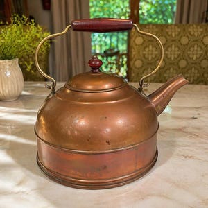 Vintage Copper Tea Kettle with Brass Handle & Wood Grip