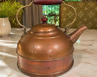 Vintage Copper Tea Kettle with Brass Handle & Wood Grip