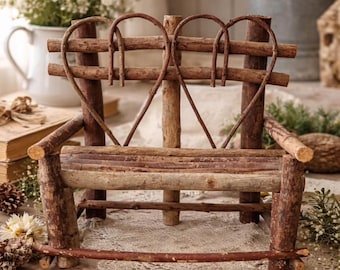1980’s Handcrafted Rustic Plant Doll Bench with Heart Back – 12”