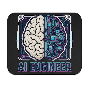 May include: Black square mousepad featuring a graphic of a brain split in two, one side a beige brain, the other a circuit board design in blue and pink. The text "AI ENGINEER" is displayed in teal and purple.