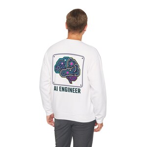 Puede incluir: Sudadera blanca con un gráfico de cerebro colorido con detalles de placa de circuito. El diseño incluye el texto "AI ENGINEER" en verde oscuro, dentro de un marco rectangular. Prenda casual.