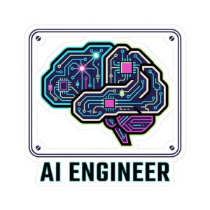 Könnte beinhalten: Ein Aufkleber mit einem stilisierten Gehirn-Design mit Leiterplattenmustern in Türkis, Lila und Pink. Das Gehirn befindet sich in einem weißen Rahmen, darunter der Text "AI ENGINEER" in fetten, schwarzen Buchstaben.