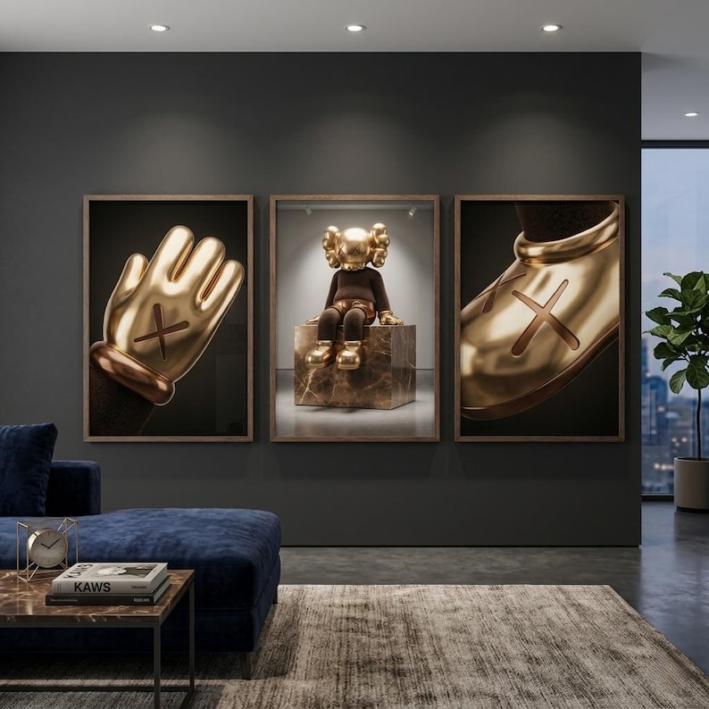 May include: A triptych of framed wall art featuring a gold cartoon-style hand with an X mark, a gold-headed figure sitting on a marble block, and a gold shoe with an X mark. The artwork is displayed on a dark gray wall above a blue sofa.