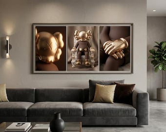 KAWS Brown Gold Throne Triptych Wall Art: Hypebeast Figure Decor (Digital Download)