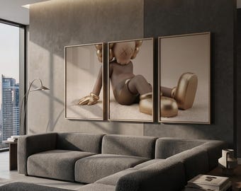 KAWS Resting Figure Poster Set: Brown Gold Triptych Wall Art (Digital Download)