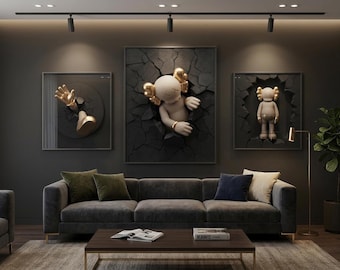KAWS Inspired Cracking Wall Art Set: Beige Gold Figures (Digital Download)
