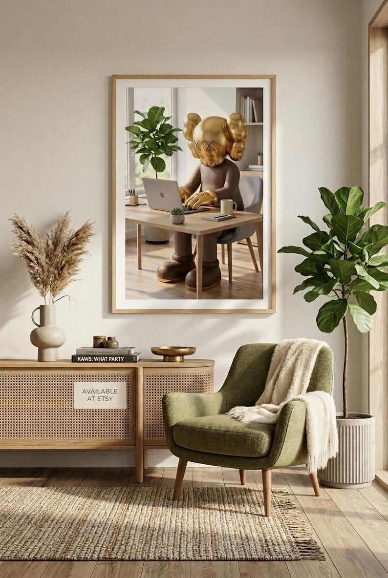 May include: A framed print featuring a KAWS figure with a gold head and gloves, working on a laptop at a wooden desk. The room includes a green armchair, a woven cabinet, and a potted plant. The text "AVAILABLE AT ETSY" is visible.