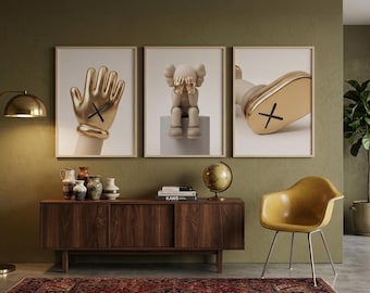 KAWS Wall Art Poster Set of 3: Beige Gold Hypebeast Room Decor Figure (Digital Download)