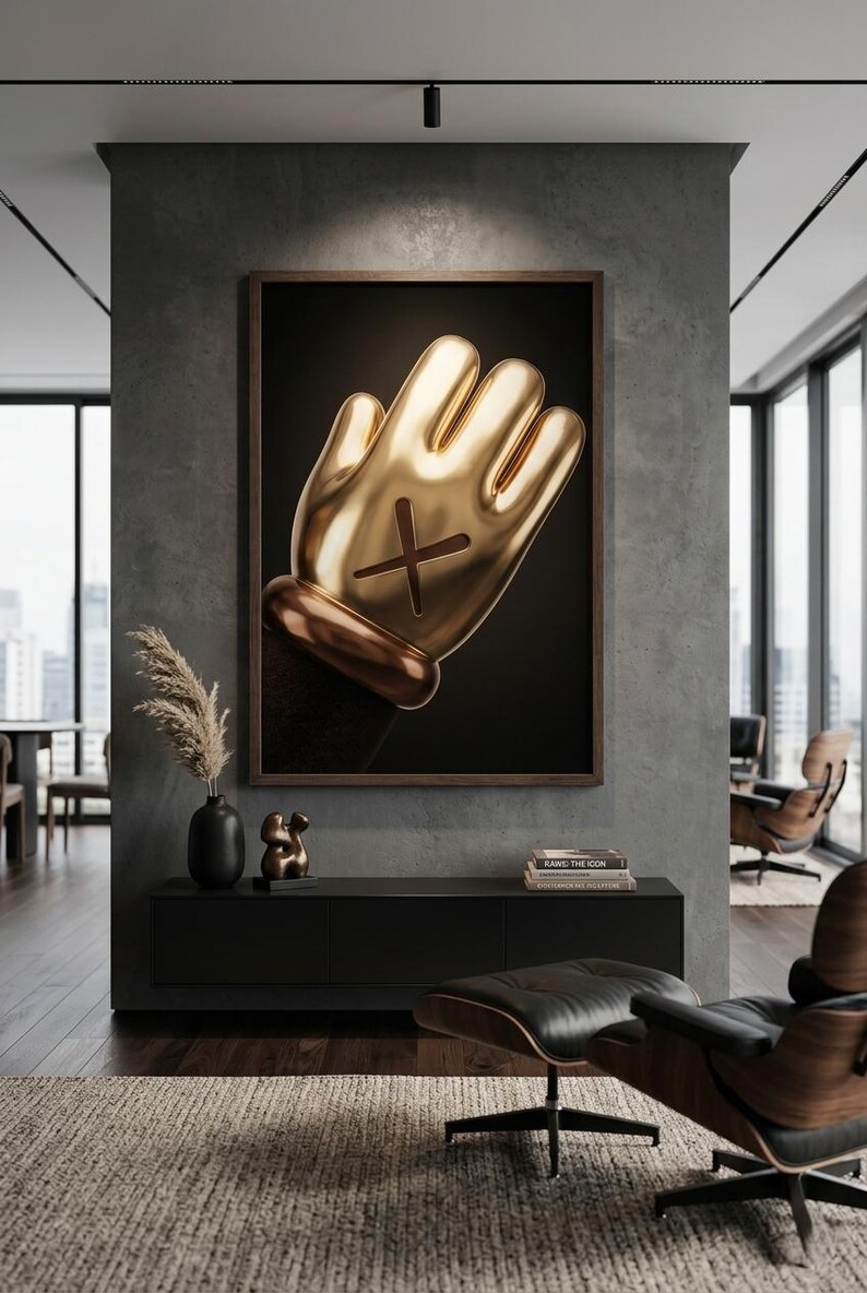May include: A framed wall art piece featuring a glossy, metallic gold cartoon-style hand with a dark brown cuff and a prominent dark brown X symbol on the palm, set against a solid black background within a thin, dark wooden frame.