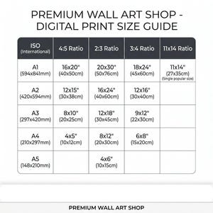 May include: A digital print size guide from Premium Wall Art Shop. The guide displays print sizes in inches and centimeters, including A1 (16x20 inches, 40x50cm) to A5 (4x6 inches, 10x15cm), with ratios like 4:5, 2:3, 3:4, and 11x14.