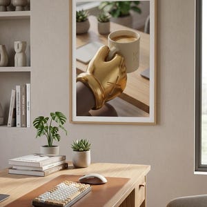May include: A framed print featuring a gold-colored hand holding a white mug with coffee. The hand has a cross design. The background shows a wooden desk with plants, books, and a keyboard. The overall theme is coffee culture and minimalist spaces.