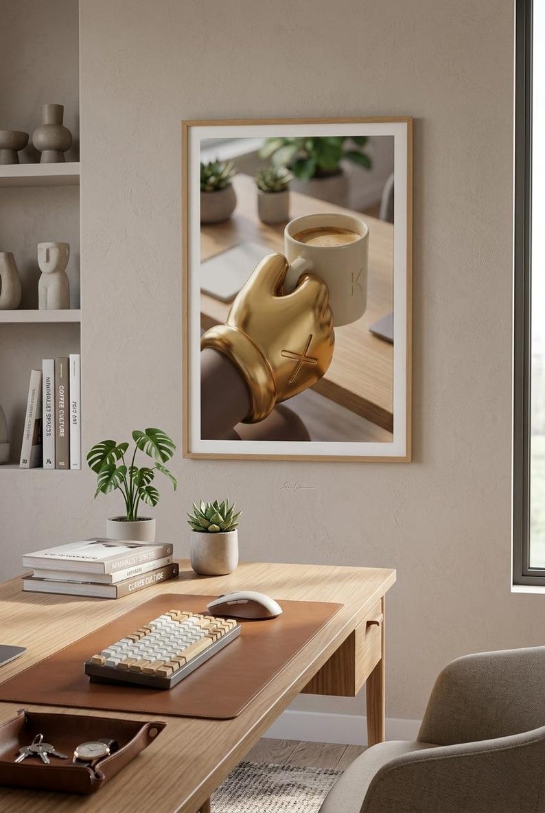 May include: A framed print featuring a gold-colored hand holding a white mug with coffee. The hand has a cross design. The background shows a wooden desk with plants, books, and a keyboard. The overall theme is coffee culture and minimalist spaces.