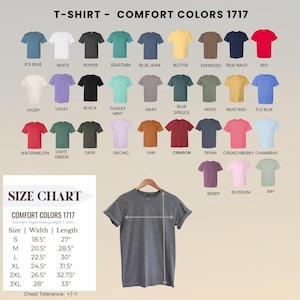May include: A Comfort Colors 1717 t-shirt color chart displaying thirty-three distinct fabric shades with labels including Ice Blue, White, Pepper, Seafoam, Blue Jean, Butter, Espresso, True Navy, Red, Ivory, Violet, Black, Chalky Mint, Gray, Blue Spruce, Moss, Mustard, Flo Blue, Watermelon, Light Green, Sage, Orchid, Yam, Crimson, Denim, Crunchberry, Chambray, Berry, Blossom, and Bay, alongside a size chart with width and length measurements in inches.