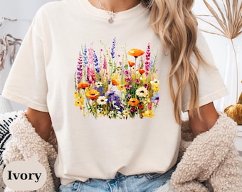 Chemise prairie de fleurs sauvages Comfort Colors®, t-shirt fleuri aquarelle, chemise printanière cottagecore, cadeau botanique pour amoureux de la nature