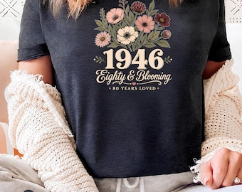1946 Shirt, 80th Birthday Shirt, Flower 1946 Birth Year Number Shirt for Women, Birthday TShirt, Turning 80 Gift, 1946 plus size tops