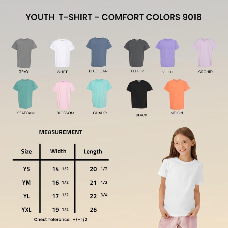 May include: A Youth T-Shirt Comfort Colors 9018 color chart displaying twelve shirt colors including gray, white, blue jean, pepper, violet, orchid, seafoam, blossom, chalky, black, and melon, with a size measurement chart in inches.