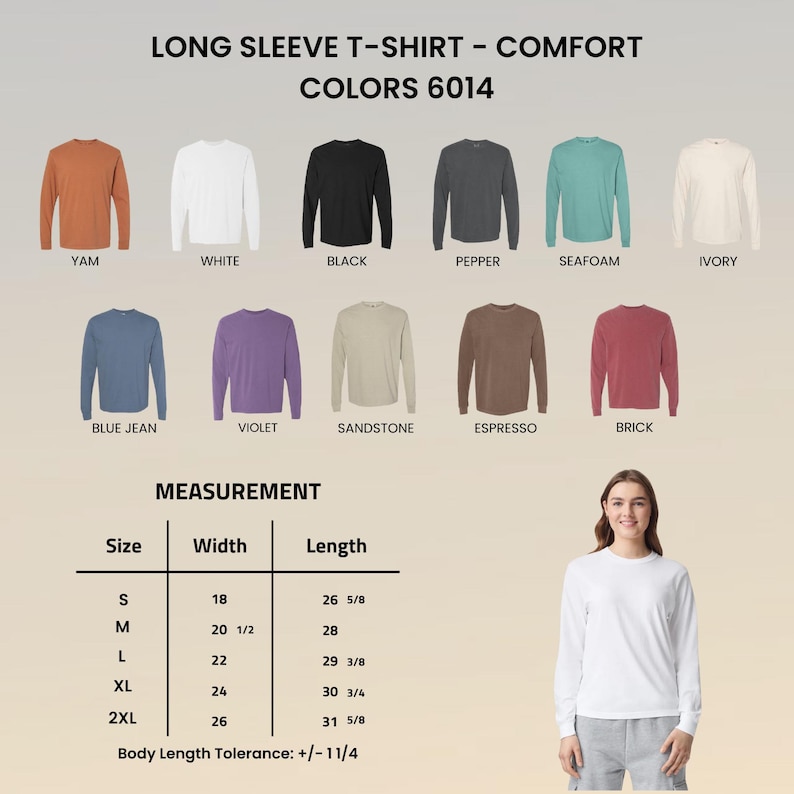 May include: A long sleeve t-shirt color chart featuring eleven shades: yam, white, black, pepper, seafoam, ivory, blue jean, violet, sandstone, espresso, and brick. A measurement table lists widths and lengths in inches for sizes S to 2XL.