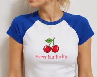 Raglan Baby Tee Bella Canvas Cherry Baby Tee, Sweet But Lucky Raglan Crop Top, Cute Coquette Cherry Shirt, Y2K Aesthetic Graphic Tee
