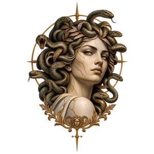 Puede incluir: Un busto con textura de piedra de una figura con serpientes por cabello, que presenta detalles de piel agrietada y una expresión neutra. La figura está enmarcada por un elemento circular dorado similar a una brújula y una base dorada.