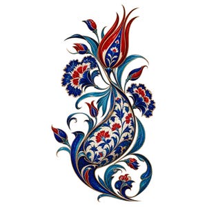 May include: A decorative illustration featuring a central paisley shape filled with intricate red and blue floral patterns. The design includes a large red tulip at the top, surrounded by smaller buds and blooming flowers in shades of blue and red.
