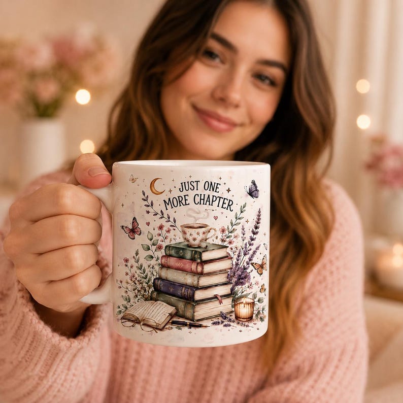 May include: A white ceramic mug featuring a stack of colorful books, a small teacup, a candle, and butterflies. The text "JUST ONE MORE CHAPTER" is printed in black above the books. The design includes floral accents and a crescent moon.