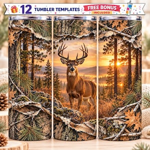 Puede incluir: Tres vasos cilíndricos con un estampado continuo de un ciervo en un bosque al atardecer. El diseño incluye pinos, agujas de pino y texturas de corteza. El texto en la parte superior dice 12 TUMBLER TEMPLATES FREE BONUS INCLUDED.
