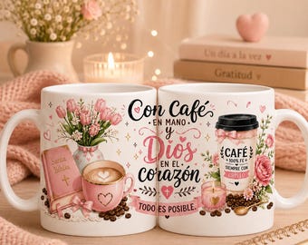 Taza Cristiana Sublimación PNG, Diseño Café y Dios, Wrap para Taza 11oz 15oz, Regalo Cristiano. Diseño Religioso para Mujer, Café y Fe.