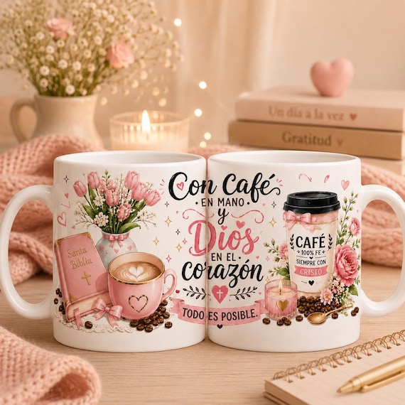 Taza Cristiana Sublimación PNG, Diseño Café y Dios, Wrap para Taza 11oz 15oz, Regalo Cristiano. Diseño Religioso para Mujer, Café y Fe.