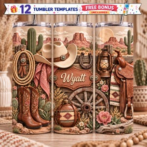 Peut inclure: Un design numérique pour gobelet sur le thème western avec un chapeau de cowboy, un lasso, des bottes, une selle, une lanterne et une roue de chariot. Le motif inclut une plaque en cuir avec le nom Wyatt sur un paysage désertique.
