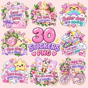 Puede incluir: Una colección de 30 pegatinas digitales con ilustraciones en tonos pastel de sobres, velas, arcoíris, caracoles, cometas, estrellas, mariposas y bicicletas. Cada pegatina incluye textos positivos como Send yourself love y Better days are coming.