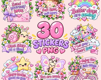 Positive Affirmation Sticker PNG Bundle, 30 Cute Motivational Stickers, Self Care Pastel Clipart, Inspirational Quotes, Digital Download