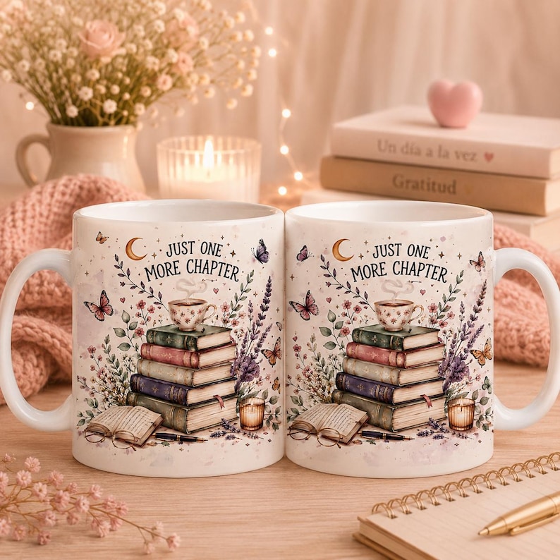 Just One More Chapter Mug Wrap PNG, Book Lover Sublimation Design, Reading Coffee Mug, Bookish Gift, Floral Books Cup Wrap, 11oz 15oz image 3