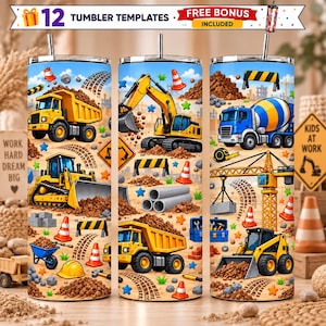 May include: A set of three cylindrical tumblers featuring a construction site theme with yellow dump trucks, excavators, bulldozers, a blue cement mixer, a crane, orange traffic cones, piles of dirt, tools, and colorful star shapes on a blue sky background.
