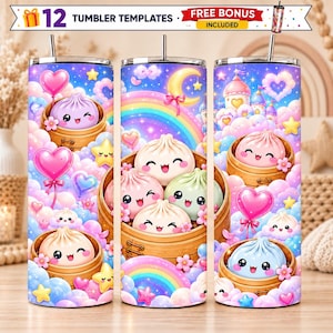 May include: Three cylindrical tumblers featuring a colourful fantasy design with smiling bao buns in bamboo steamers, rainbows, pink hearts, stars, and clouds. The top banner displays the text 12 TUMBLER TEMPLATES FREE BONUS INCLUDED.