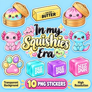 Puede incluir: Una colección de 10 pegatinas digitales con personajes y objetos adorables, incluyendo dumplings arcoíris y rosas en vaporeras de bambú, una barra de mantequilla salada, ajolotes rosa y azul, una huella de pata y tres cubos Nee Doh coloridos.