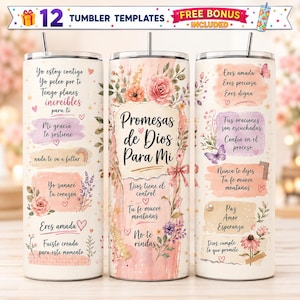 May include: Three cylindrical tumblers featuring floral watercolor designs and Spanish religious text. The center tumbler displays the phrase Promesas de Dios Para Mi surrounded by roses. The side tumblers include inspirational quotes, hearts, and butterflies.
