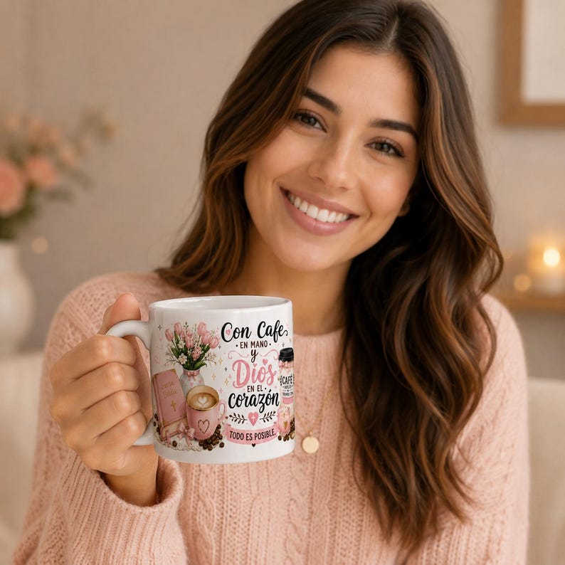 K&ouml;nnte beinhalten: Ein wei&szlig;er Keramikbecher mit einem grafischen Design aus rosa Tulpen, einem kleinen Buch, einer Kaffeetasse und dem spanischen Text "Con Cafe en mano y Dios en el corazon todo es posible", umgeben von dekorativen Blumen- und Herzelementen.