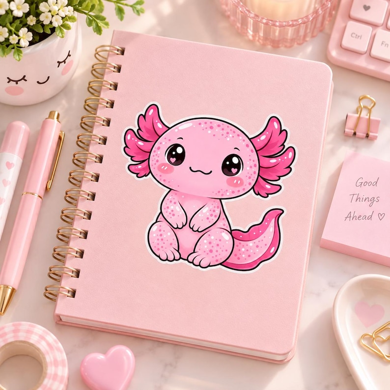 May include: A light pink spiral-bound notebook featuring a cartoon axolotl sticker on the cover. The axolotl is pink with dark pink gills, large black eyes with heart-shaped highlights, and a spotted body. The notebook is surrounded by pink stationery.