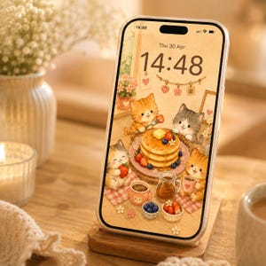 Op de afbeelding: Een smartphone toont een illustratie van kittens die pannenkoeken eten met aardbeien en bosbessen. Het scherm toont de tijd 14:48 en de datum, donderdag 30 april. De telefoon zit in een transparante hoes.