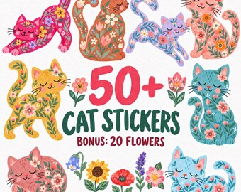 50+ Floral Cat PNG Images, Cute Colorful Cats with Flowers, Boho Kawaii Cat Clipart Bundle, Digital Cat Stickers + 20 Bonus Flowers