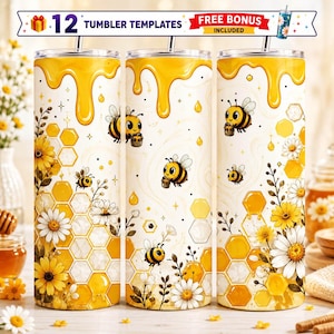 Bee Tumbler Wrap PNG 20oz Skinny, Honeycomb Sublimation Design, Cute Bumble Bee Floral Tumbler Wrap, Daisy Honey Drip PNG Digital Download