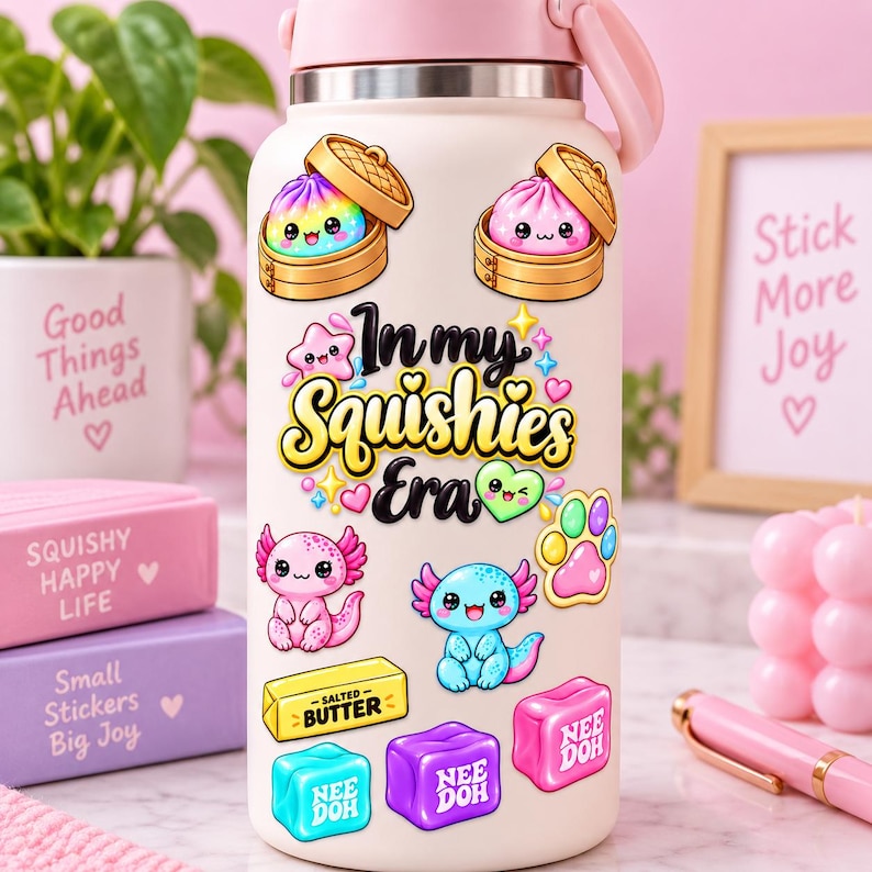 May include: A light pink insulated water bottle covered in colorful stickers featuring two rainbow and pink dumplings in bamboo steamers, a pink star, a green heart, a paw print, two axolotls, a stick of salted butter, and three Nee Doh cubes.