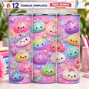 May include: A digital tumbler wrap design featuring a repeating pattern of kawaii-style dumplings, macarons, and boba tea with smiling faces on a glittery, rainbow-colored background filled with stars and hearts. Text reads 12 TUMBLER TEMPLATES.