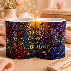 Motif chrétien pour mug (PNG, sublimation), papillon et fleurs, format 325 ml ou 445 ml, citation inspirante à télécharger, cadeau pour femme.