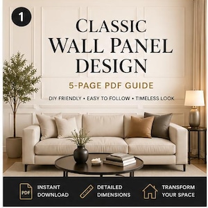 Może przedstawiać: Scena w salonie z beżową sofą, stolikiem kawowym i poduszkami dekoracyjnymi. Obraz promuje przewodnik "CLASSIC WALL PANEL DESIGN", podkreślając jego przyjazny dla majsterkowiczów charakter i ponadczasowy wygląd. Przewodnik to 5-stronicowy plik PDF.