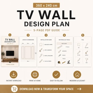 Może przedstawiać: Cyfrowy plan projektu ściany TV, 360 x 240 cm, z 5-stronicowym przewodnikiem PDF. Zawiera wymiary układu, instrukcję instalacji, materiały, narzędzia i FAQ. Posiada 3-panelowy design, natychmiastowe pobieranie, druk w domu.
