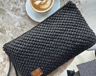 Bolso tote de ganchillo negro, mercado de macramé de algodón hecho a mano, bolso de hombro minimalista