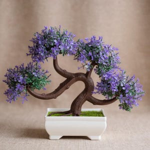 May include: A small bonsai tree featuring purple flowers and green leaves. The tree has a brown, twisted trunk and branches, and is planted in a white rectangular pot. The pot is filled with green moss.