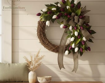 Spring Tulip Wreath | Front Door Floral Wreath | Easter Door Decor | Artificial Flower Wreath | Summer Home Decoration